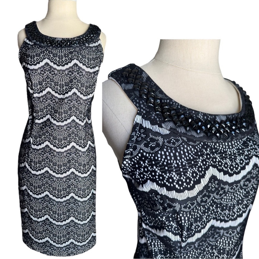 DRESS BARN Black White Scalloped Lace Beaded Sleeveless Stretch Dress Size 4